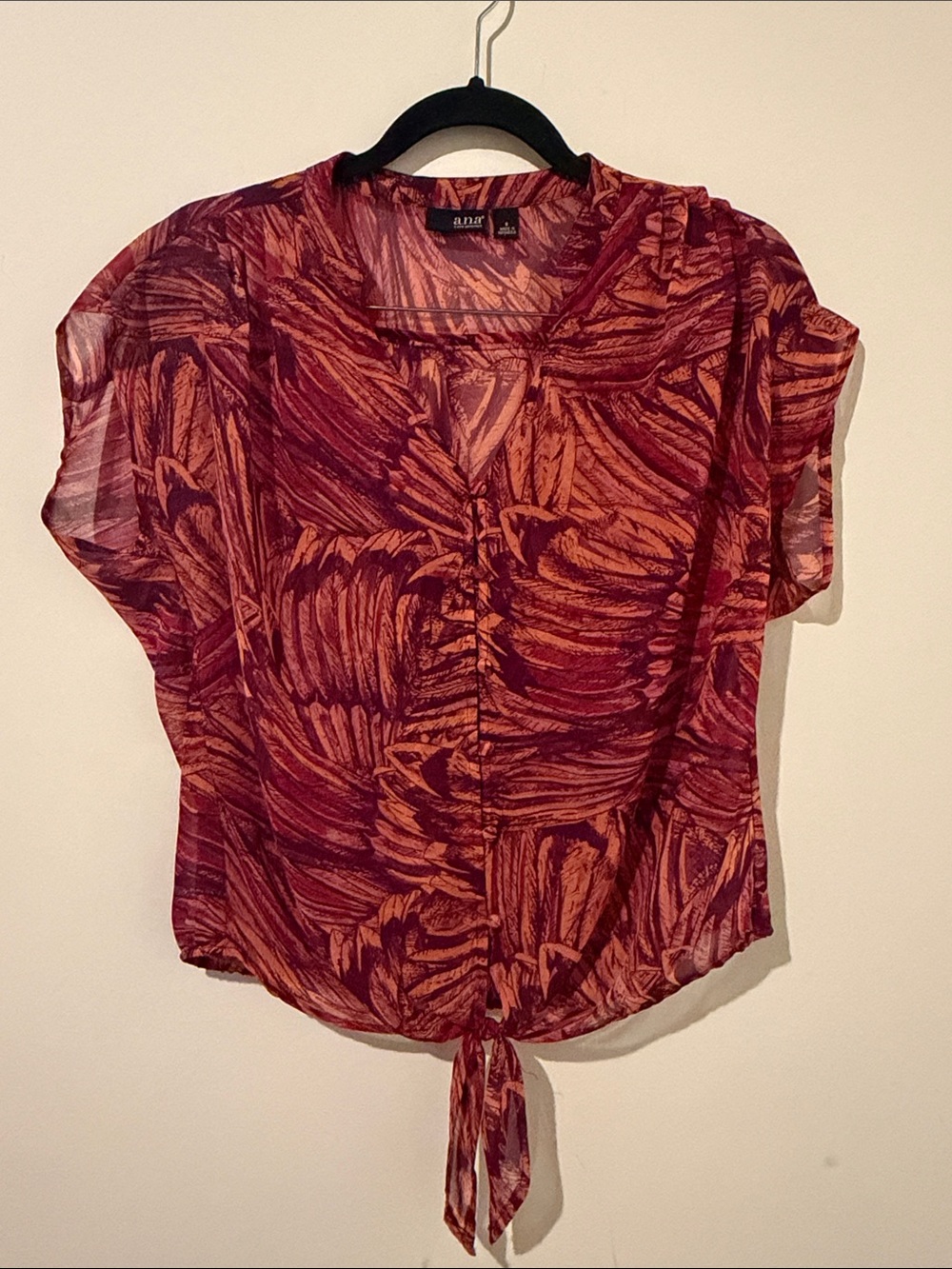 a.n.a Burgundy & Rust Brushstroke Tie-Front Short Sleeve Blouse Size Small